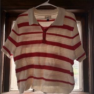 Universal Thread White and Red Striped V-Neck Polo Sweater